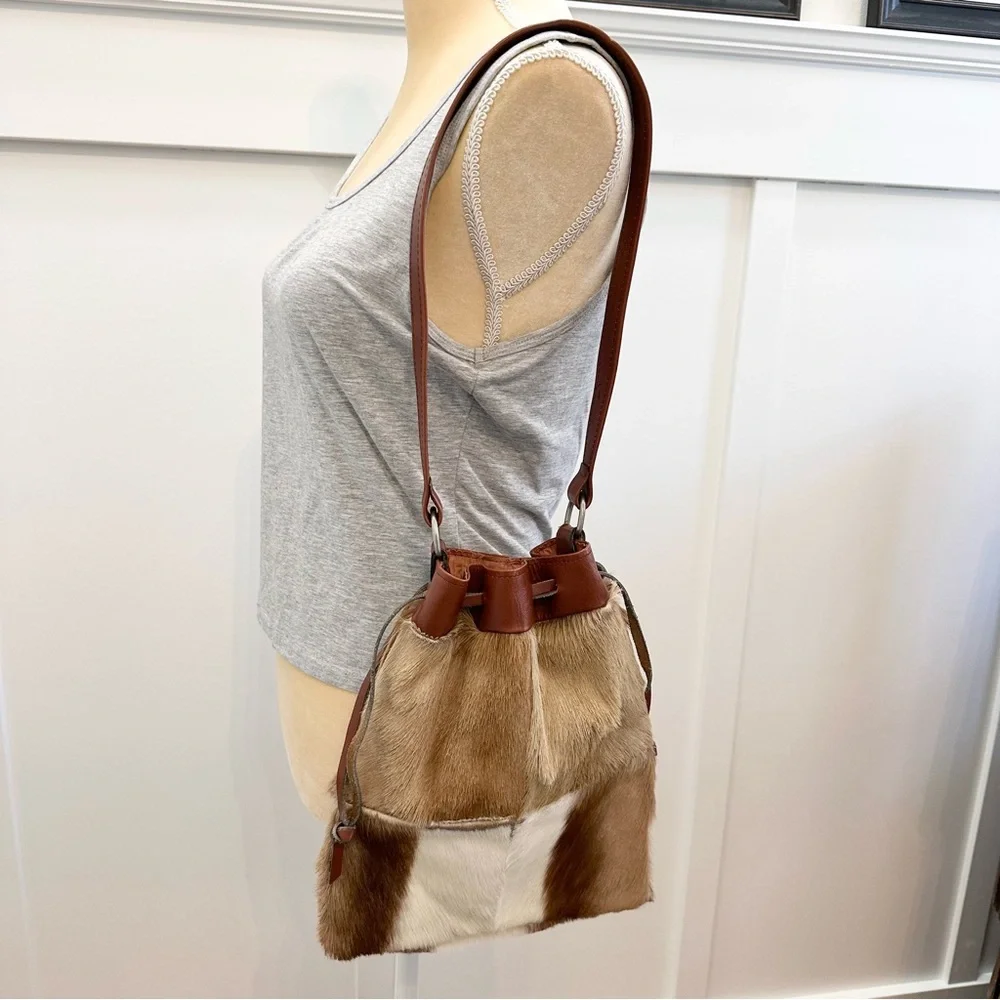 Vintage Cowhide Drawstring Leather Purse Shoulder Bag Brown Tan White Silk Lined - Picture 5 of 16
